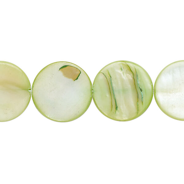 Mother-of-pearl shell 1pkg1, puffed flat round bead 15 inch spring green 14-15mm image number 0
