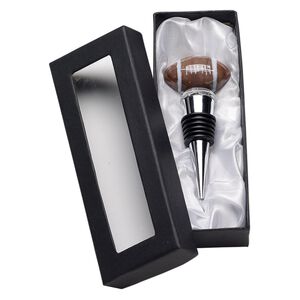 Bottle stopper, lampworked glass / rubber / silver-plated "pewter" (zinc-based alloy), multicolored, 4 x 1-1/4 inches with football. Sold individually.