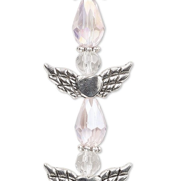 Bead, crystal and antique silver-plated "pewter" (zinc-based alloy), translucent pink AB and clear, 25x22mm angel. Sold per pkg of 4. image number 0