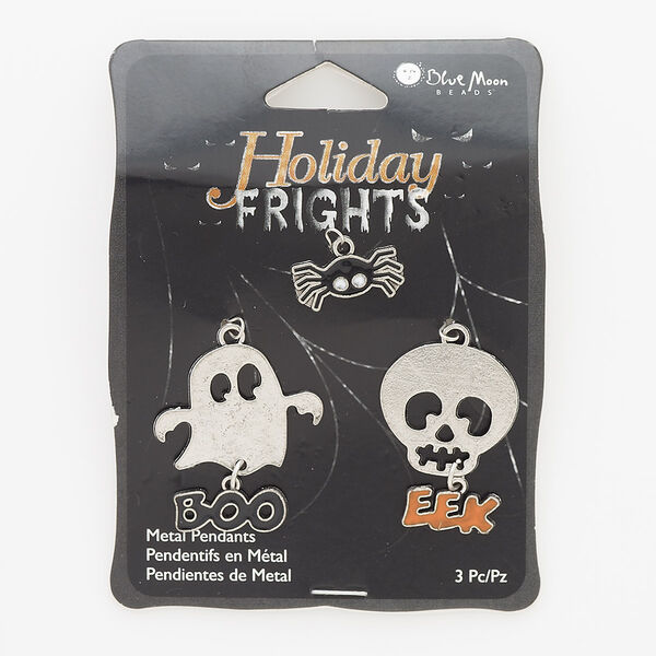 Focal and charm mix, enamel / silver-finished "pewter" (zinc-based alloy) / steel, black / orange / white, 18x8mm spider / 30x22mm skull with "EEK" / 31x27mm ghost with "BOO." Sold per pkg of 3. image number 0