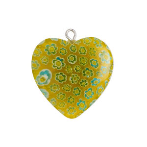 Component 1pkg1, silver-finished steel / millefiori glass, translucent golden yellow / blue / white, 24-25mm puffed heart.