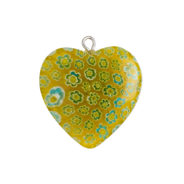 Component 1pkg1, silver-finished steel / millefiori glass, translucent golden yellow / blue / white, 24-25mm puffed heart. image number 0