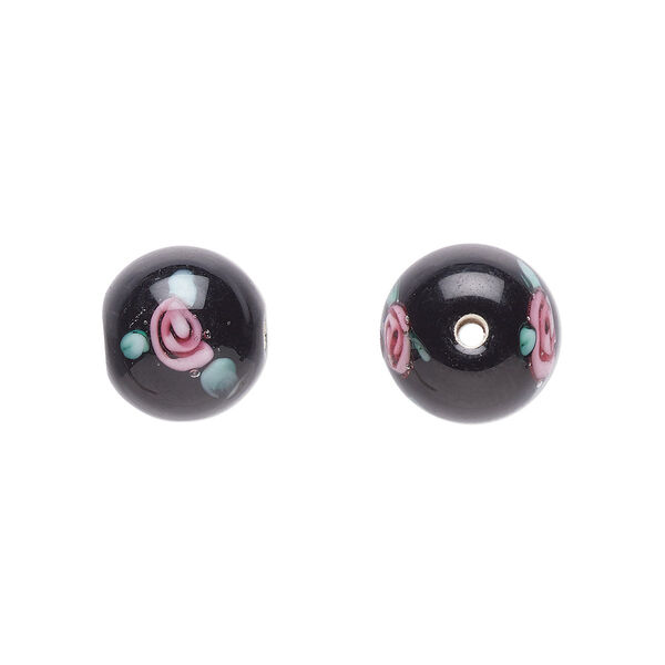 Bead, Czech lampworked glass, opaque black / pink /green, 10-11mm round with flower design. Sold per pkg of 4. image number 0