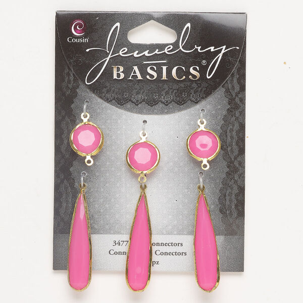 Brass / acrylic 1pkg6, round / teardrop link / drop assortment antique gold-finished / pink 13mm / 37mm image number 0