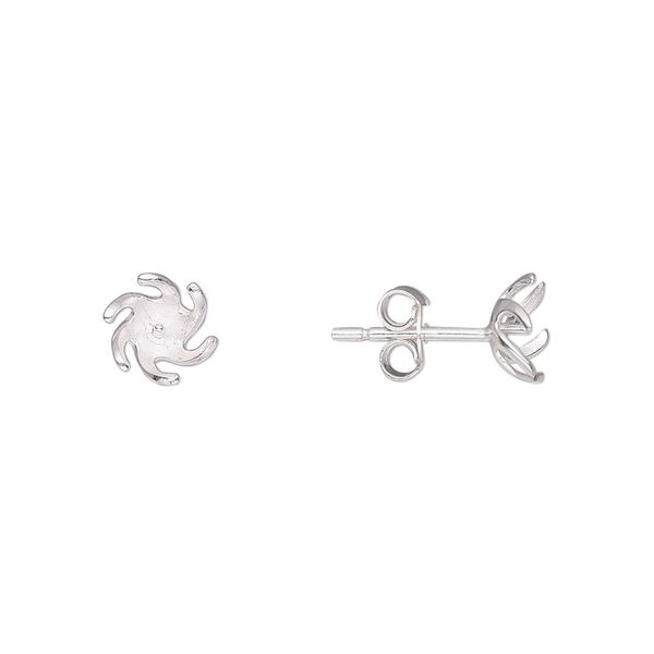 Earstud 1pkg2 sterling silver, 7x7mm / 3mm peg / 4-6mm half-drilled round glue-in setting / earnuts, 1 pair image number 0