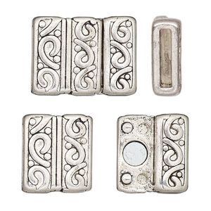 Clasp magnetic 1pkg1 "pewter" (zinc alloy), 21.5x16.5mm rectangle / fits 12x2mm cord, antique silver-finished 1-strand