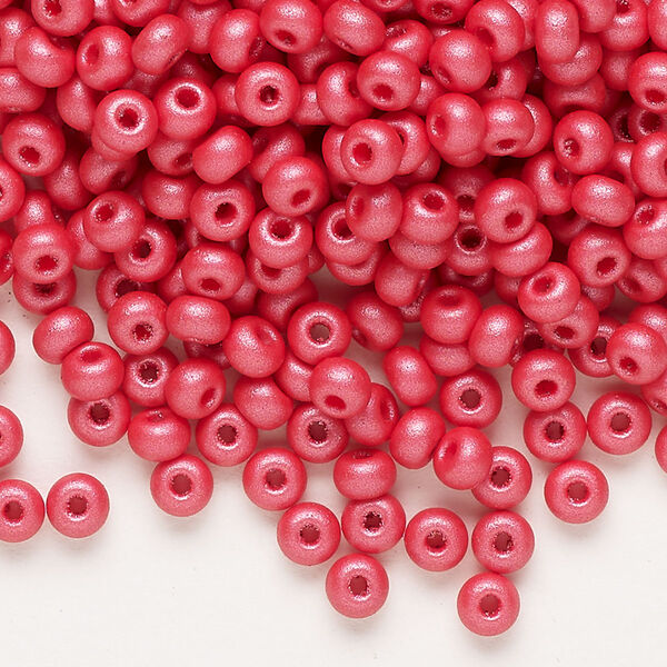 Seed bead, Preciosa Ornela Czech glass, pkg/50g, #6 rocaille, opaque PermaLux dyed red chalkwhite, (22008). image number 0