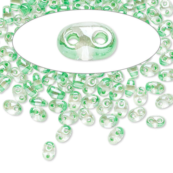 Seed bead, Preciosa Twin™ Czech glass, pkg/50g, 5x2.5mm oval, transparent light green terra color-lined clear, (38656). image number 0