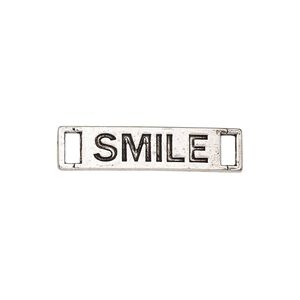 Link, antique silver-finished "pewter" (zinc-based alloy), 27.5x6.5mm single-sided curved flat rectangle with "SMILE." Sold per pkg of 2.