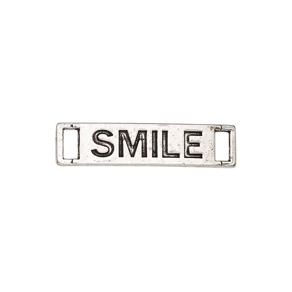 Link, antique silver-finished "pewter" (zinc-based alloy), 27.5x6.5mm single-sided curved flat rectangle with "SMILE." Sold per pkg of 2. image number 0