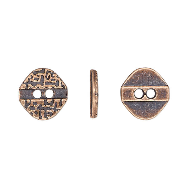 Button, antiqued copper-finished "pewter" (zinc-based alloy), 12x11.5mm single-sided textured flat diamond. Sold per pkg of 50. image number 0
