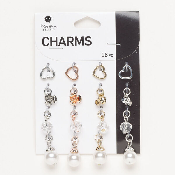 Charm assortment, gold- / silver- / antique silver- / rose gold-finished "pewter" (zinc-based alloy) / steel /acrylic, clear and white pearl, 9x8mm-17x10mm mixed shapes. Sold per pkg of 16. image number 0
