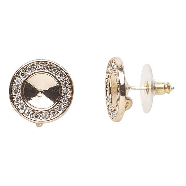 Earstud, Almost Instant Jewelry®, cubic zirconia and gold-finished pewter (tin-based alloy) with pink tint, clear, 15.5mm round comfort clutch with SS39 rivoli setting. Sold per pair. image number 0