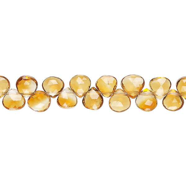 Bead, golden citrine (heated), 5x4mm-6mm hand-cut top-drilled faceted puffed teardrop, B+ grade, Mohs hardness 7. Sold per 8-inch strand, approximately 60 beads. image number 0