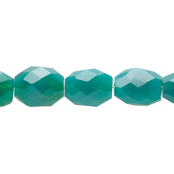 Bead, green onyx (dyed), 12x9mm-18x12mm hand-cut faceted puffed oval, C+ grade, Mohs hardness 6-1/2 to 7. Sold per 6-inch strand, approximately 10 beads. image number 0
