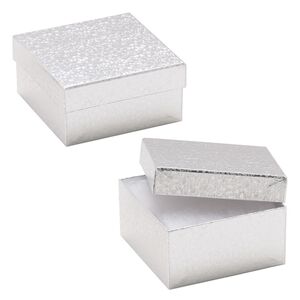 Box, paper, "cotton"-filled, silver, 3-3/4 x 3-3/4 x 2-inch square. Sold per pkg of 10.