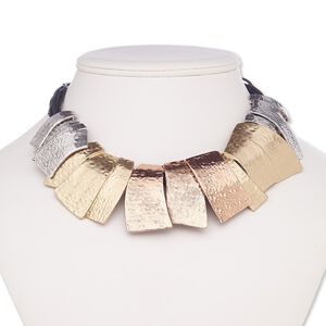 Necklace, multi-strand, waxed cotton cord / silver-coated plastic / silver-plated brass / steel / gold-finished / silver- / copper-plated "pewter" (zinc-based alloy), black, rectangle, 16 inches with 2-inch extender chain and lobster claw clasp. Sold individually.