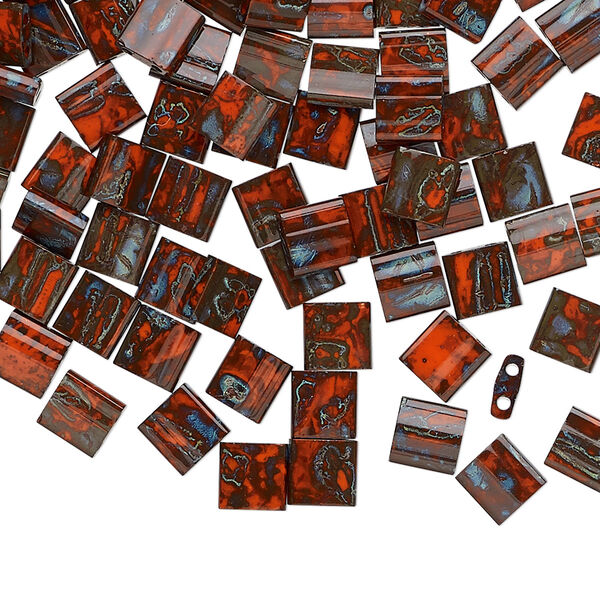 Seed bead, TILA®, glass, pkg/10g, 5mm full tila square, opaque Picasso red, (TL-4520). image number 0