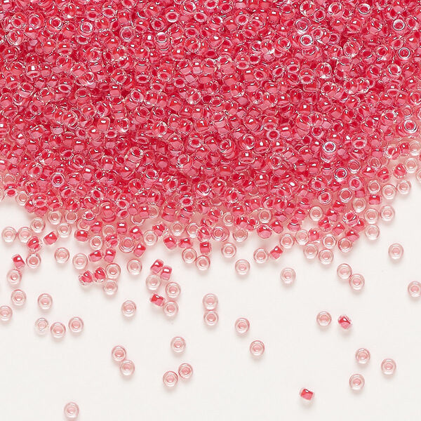 Seed bead, Miyuki, glass, pkg/250g, #15 rocaille, translucent dark coral-lined luster crystal clear (RR-226). image number 0
