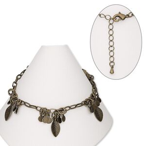 Bracelet, antique brass-finished steel and brass, 3mm wide with leaf, 7 inches with 2-1/2 inch extender chain and lobster claw clasp. Sold individually.