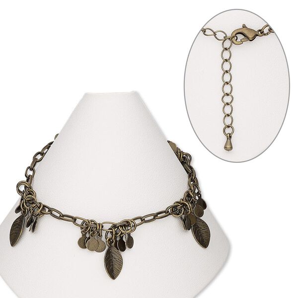Bracelet, antique brass-finished steel and brass, 3mm wide with leaf, 7 inches with 2-1/2 inch extender chain and lobster claw clasp. Sold individually. image number 0