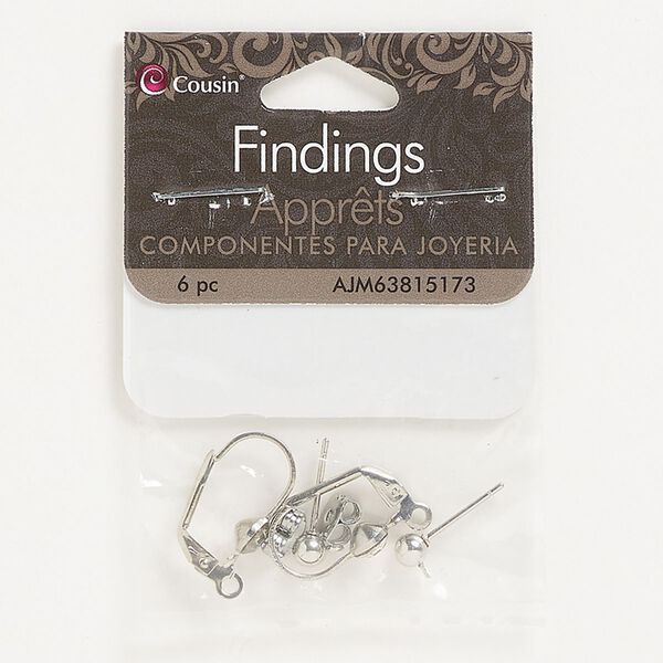Earstud / ear wire leverback 1pkg4 assortment , 4mm ball / closed loop / 18mm leverback / open loop, silver-finished mixed materials 2 pair image number 0
