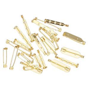 Pin back, gold-plated steel, assorted sizes. Sold per pkg of 25.