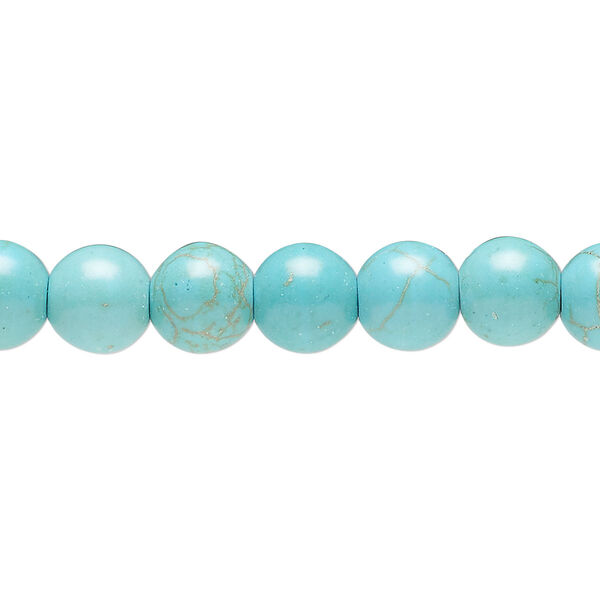 Bead, magnesite (dyed / stabilized), turquoise blue-green, 7-8mm round, C grade, Mohs hardness 3-1/2 to 4. Sold per 15-inch strand. image number 0
