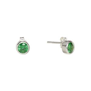 Earstud, Create Compliments®, cubic zirconia and sterling silver, emerald green, 6.5mm round. Sold per pair.