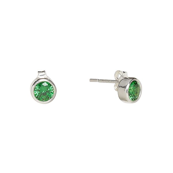 Earstud, Create Compliments®, cubic zirconia and sterling silver, emerald green, 6.5mm round. Sold per pair. image number 0