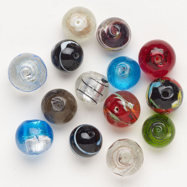 Bead mix, lampworked glass, pkg/4 ounces, opaque to transparent mixed colors with silver-colored foil and copper-colored glitter, 17-21mm round. image number 0