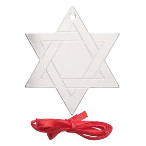 Ornament, ImpressArt®, aluminum and polyester, 2-5/16 x2 inch Star of David with ribbon. Sold per pkg of 3.