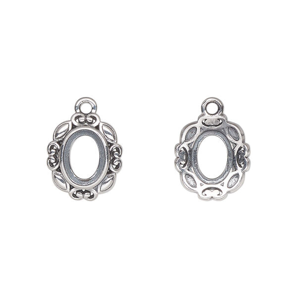 Drop, antiqued sterling silver, 13x11mm overall with 8x6mm oval setting and open back. Sold individually. image number 0
