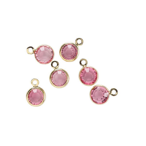 Drop, glass rhinestone and gold-finished brass, rose, 6-6.5mm faceted round. Sold per pkg of 6. image number 0