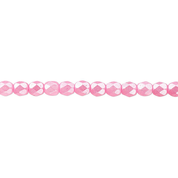 Bead, Czech fire-polished dipped décor glass, pearlescent light pink, 4mm faceted round. Sold per 15-1/2" to 16" strand. image number 0