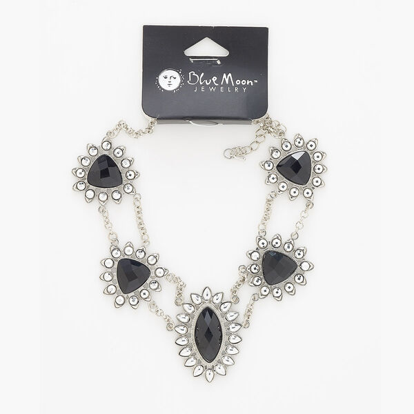 Necklace, silver-finished "pewter" (zinc-based alloy) / steel / acrylic, black and silver, 17 inches with 3-inch extender chain and lobster claw clasp. Sold individually. image number 0