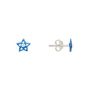 Earstud, Create Compliments®, enamel and sterling silver, blue, 6mm star. Sold per pair.