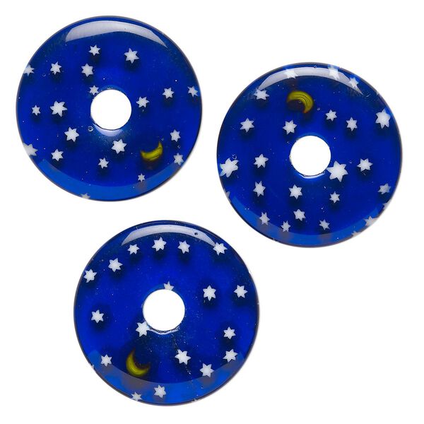Component, millefiori glass, translucent cobalt blue, white and yellow, 24-26mm undrilled donut with star and moon design. Sold per pkg of 3. image number 0