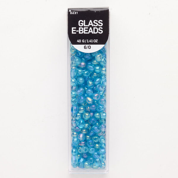 Seed bead, glass, pkg/40g, translucent iridescent aqua blue, #6 round. image number 0