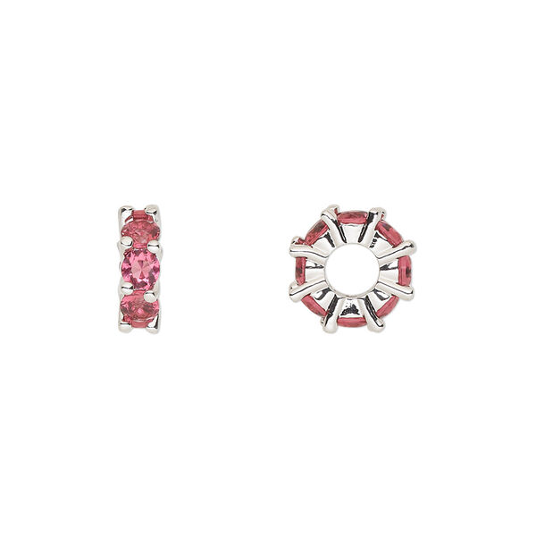 Bead, cubic zirconia and silver-plated brass, fuchsia, 10.5x3.5mm rondelle. Sold per pkg of 2. image number 0