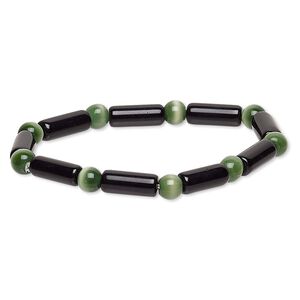Bracelet, stretch, glass and cat's eye glass, opaque moss green and black, 5-6mm round and 14x5mm-15x6mm round tube, 6-1/2 inches. Sold individually.