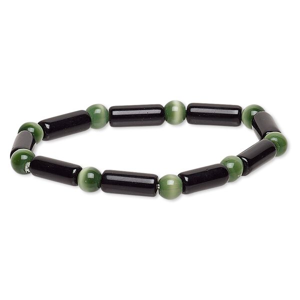 Bracelet, stretch, glass and cat's eye glass, opaque moss green and black, 5-6mm round and 14x5mm-15x6mm round tube, 6-1/2 inches. Sold individually. image number 0