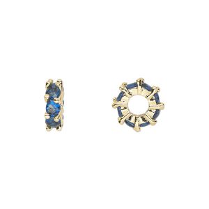 Bead, cubic zirconia and gold-plated brass, sapphire, 10.5x3.5mm rondelle. Sold per pkg of 2.