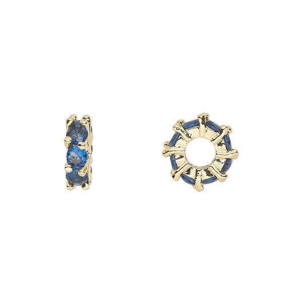 Bead, cubic zirconia and gold-plated brass, sapphire, 10.5x3.5mm rondelle. Sold per pkg of 2. image number 0