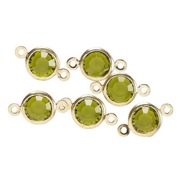 Link, glass rhinestone and gold-finished brass, peridot green, 8-9mm faceted round. Sold per pkg of 6. image number 0