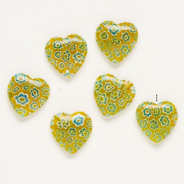 Bead, millefiori glass, translucent yellow / blue / white, 16-18mm half-drilled puffed heart. Sold per pkg of 6. image number 0