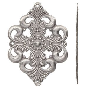 Focal, antique silver-plated steel, 42x30mm single-sided filigree diamond with 4 loops. Sold per pkg of 10.