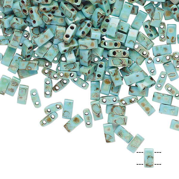 Seed bead, TILA®, glass, pkg/10g, 5x2.3mm half tila rectangle, opaque Picasso antique turquoise blue, (HTL-4514). image number 0