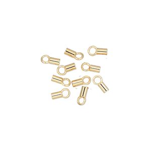 Crimp end, gold-plated brass, 3.5x2mm tube with loop, 1.5mm inside diameter. Sold per pkg of 500.