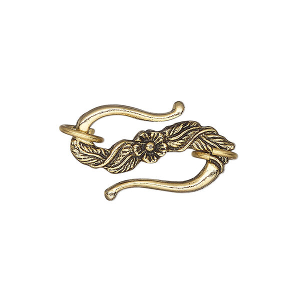 Clasp, S-hook, antique gold-plated pewter (tin-based alloy), 24x14mm with floral design and (2) 8.5mm jump rings. Sold individually. image number 0